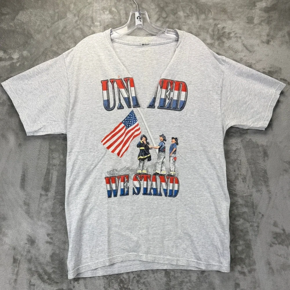 United We Stand Patriotic Firefighter Graphic T-Shirt Heather Gray Custom V-Neck